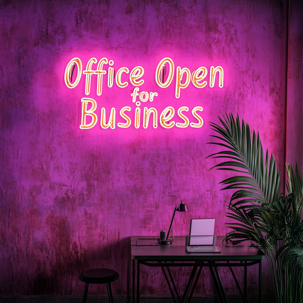 "Office Open for Business" - Pink Neon Sign, 24 Inches