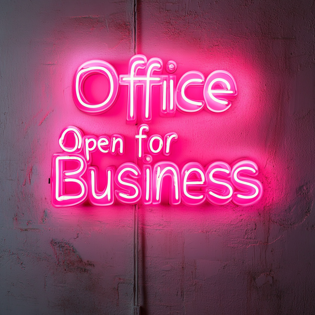 "Office Open for Business" - Pink Neon Sign, 24 Inches