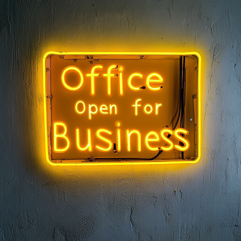 "Office Open for Business" - Yellow Neon Sign, 24 Inches