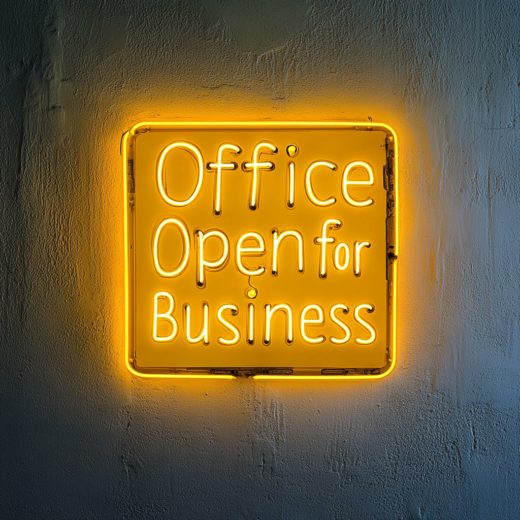 "Office Open for Business" - Yellow Neon Sign, 24 Inches