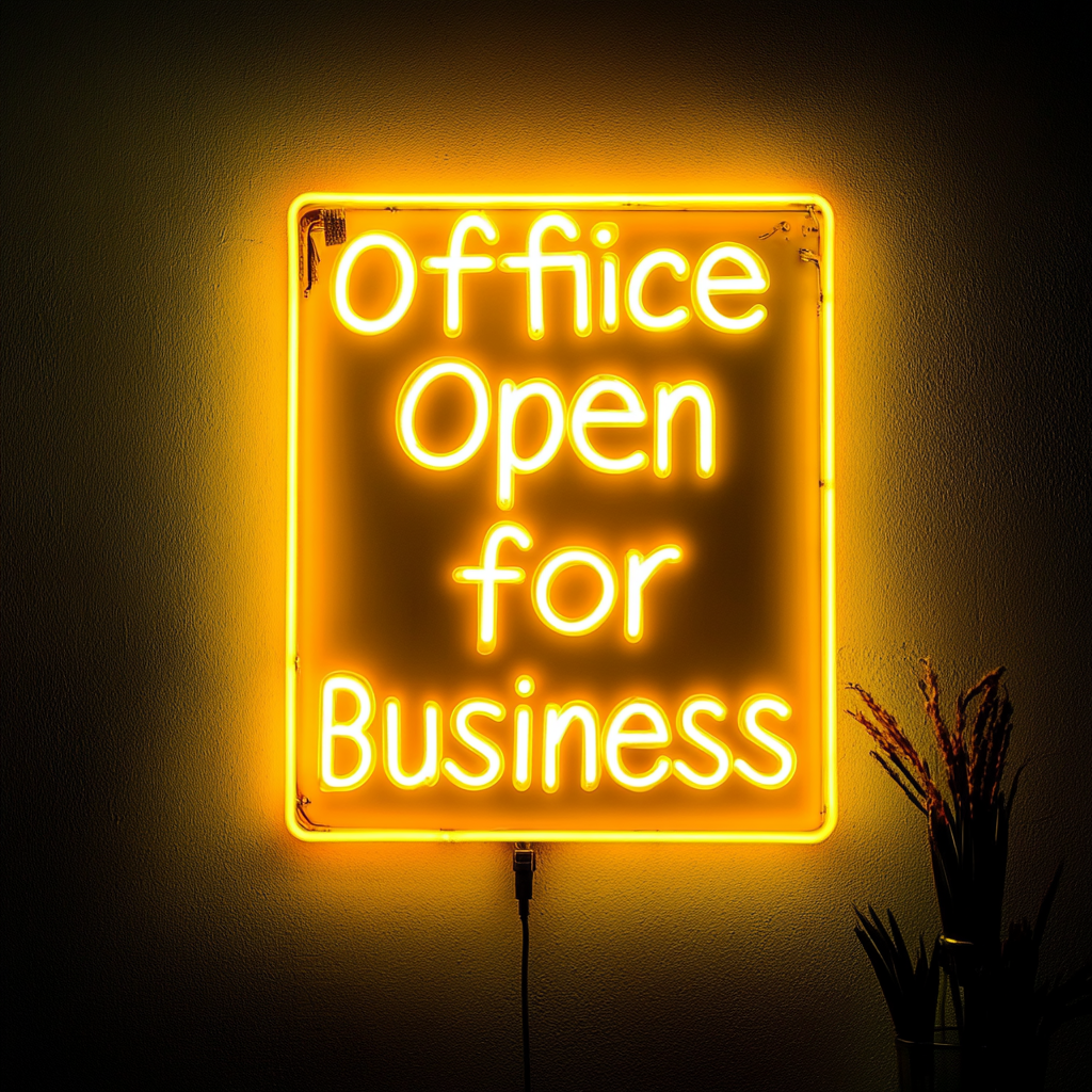 "Office Open for Business" - Yellow Neon Sign, 24 Inches