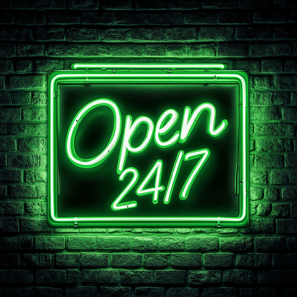 Open 24/7 - Green Neon Sign, 18 Inches