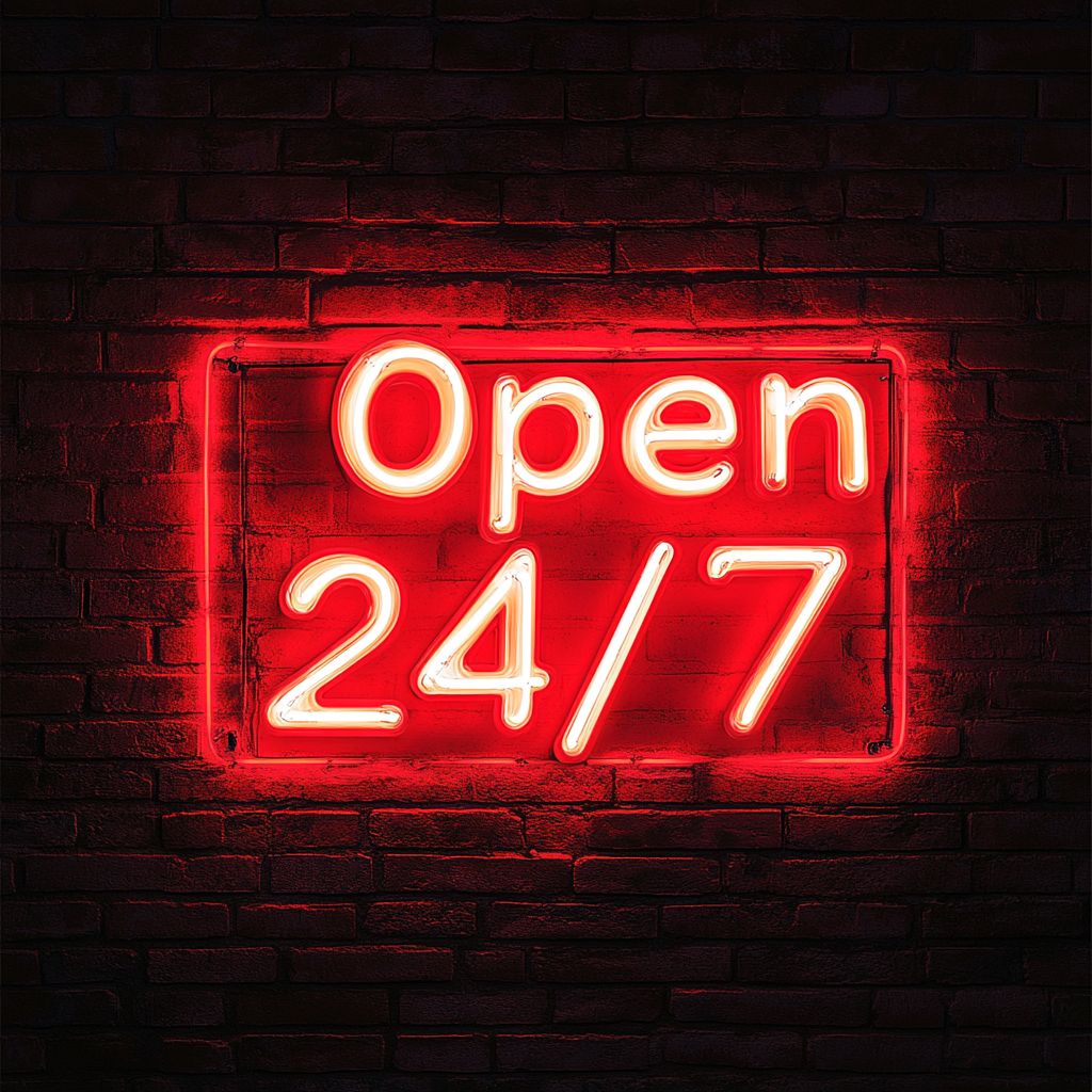 Open 24/7 - Red Neon Sign, 18 Inches