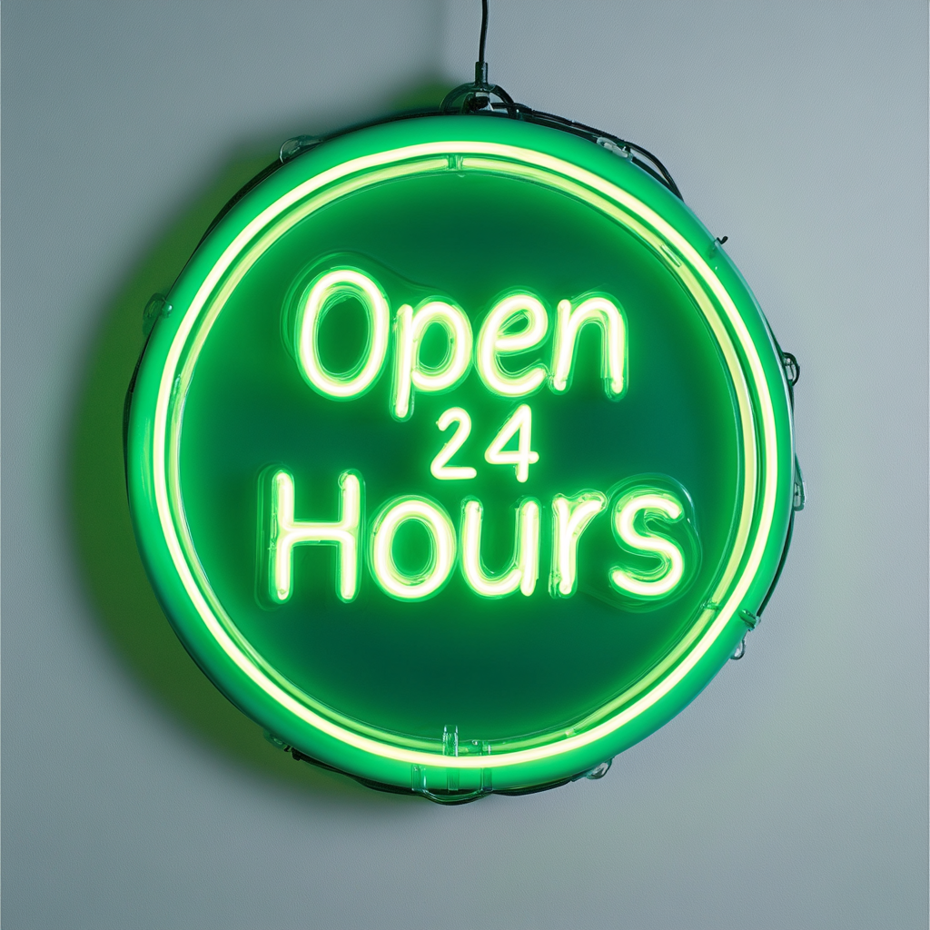 Open 24 Hours - Green Neon Sign, 18 Inches