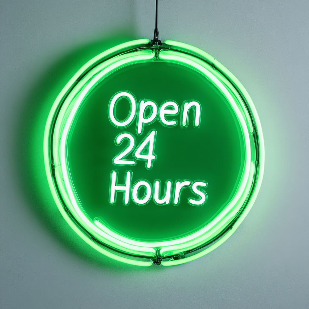 Open 24 Hours - Green Neon Sign, 24 Inches
