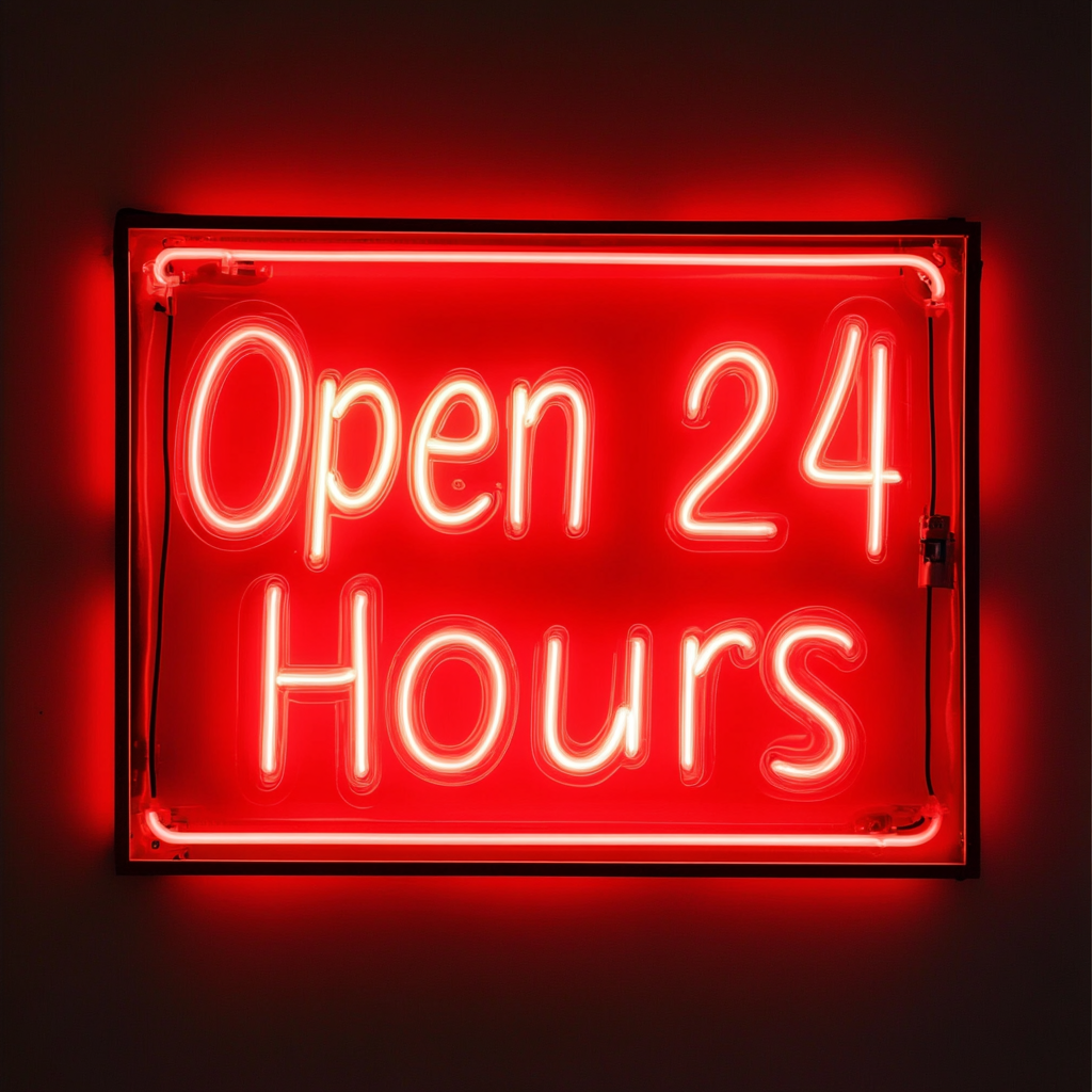 Open 24 Hours - Red Neon Sign, 24 Inches