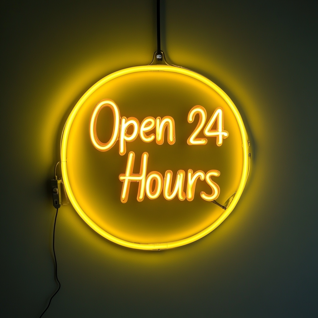 Open 24 Hours - Yellow Neon Sign, 18 Inches