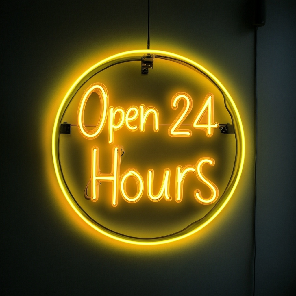 Open 24 Hours - Yellow Neon Sign, 24 Inches