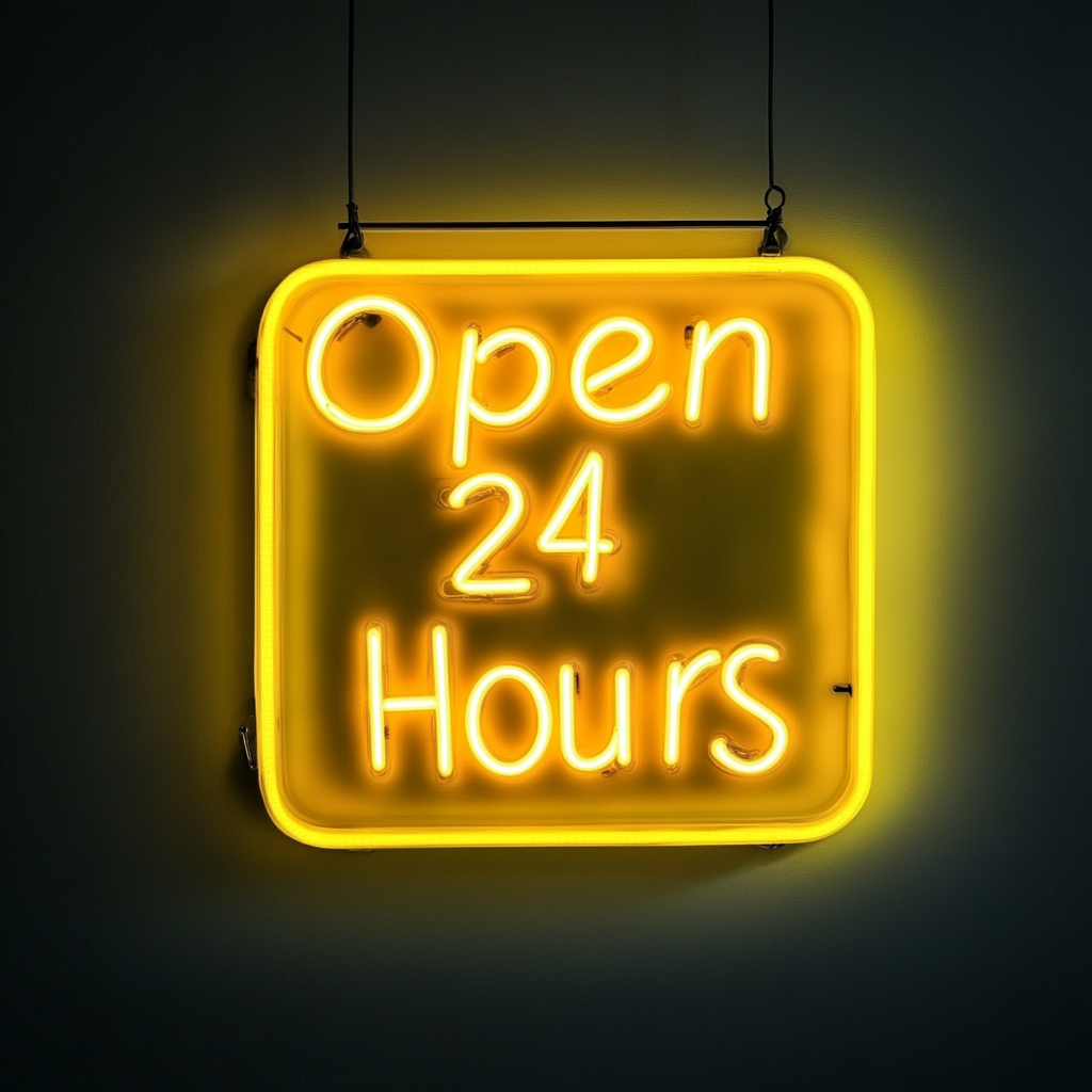 Open 24 Hours - Yellow Neon Sign, 18 Inches