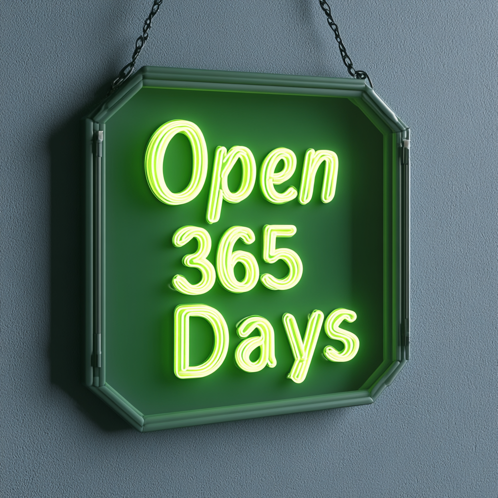 Open 365 Days - Green Neon Sign, 18 Inches