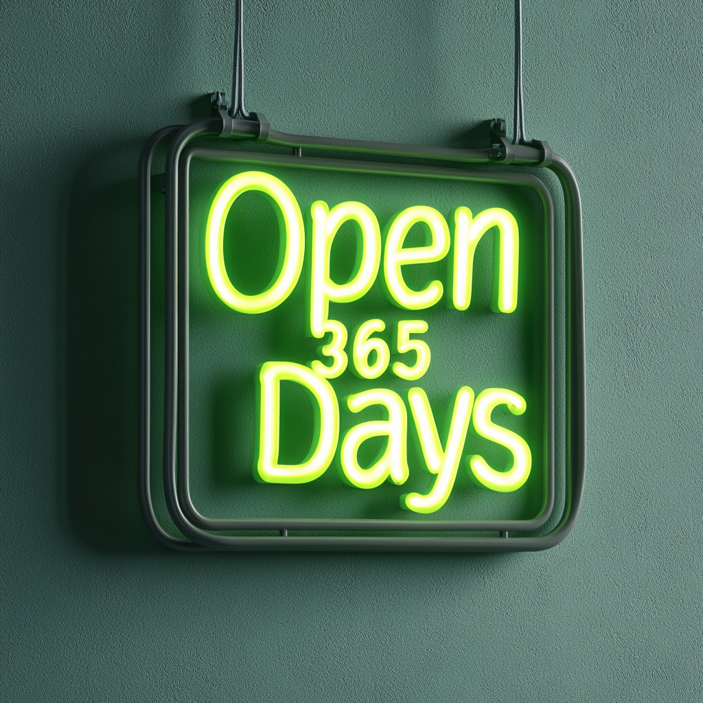 Open 365 Days - Green Neon Sign, 18 Inches