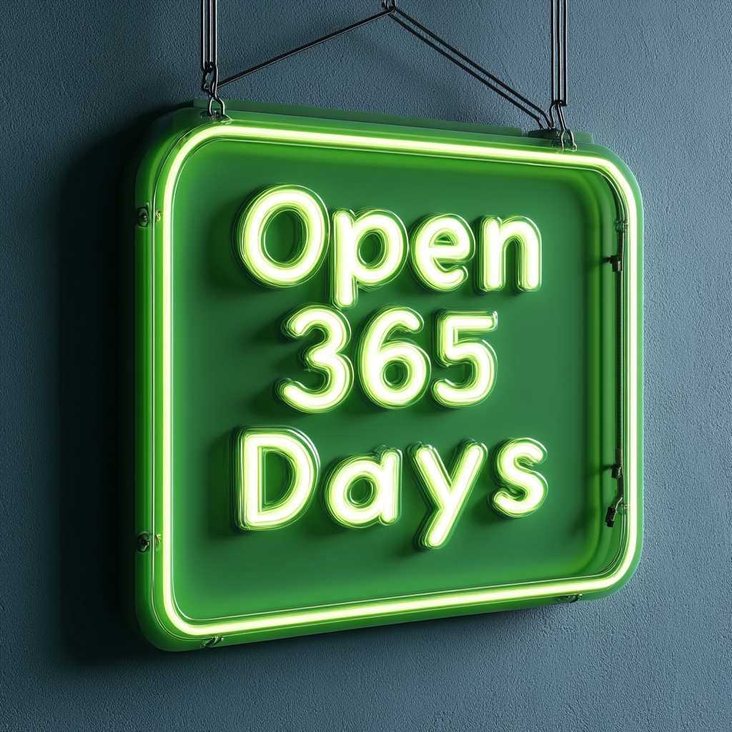 Open 365 Days - Green Neon Sign, 24 Inches
