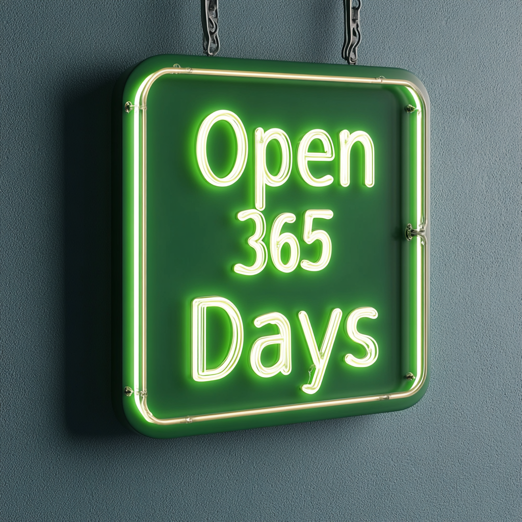 Open 365 Days - Green Neon Sign, 18 Inches