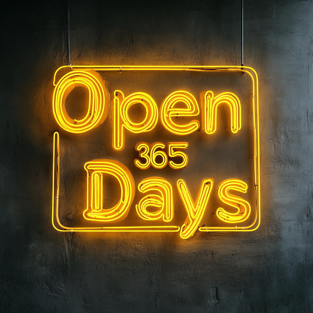 Open 365 Days - Yellow Neon Sign, 18 Inches