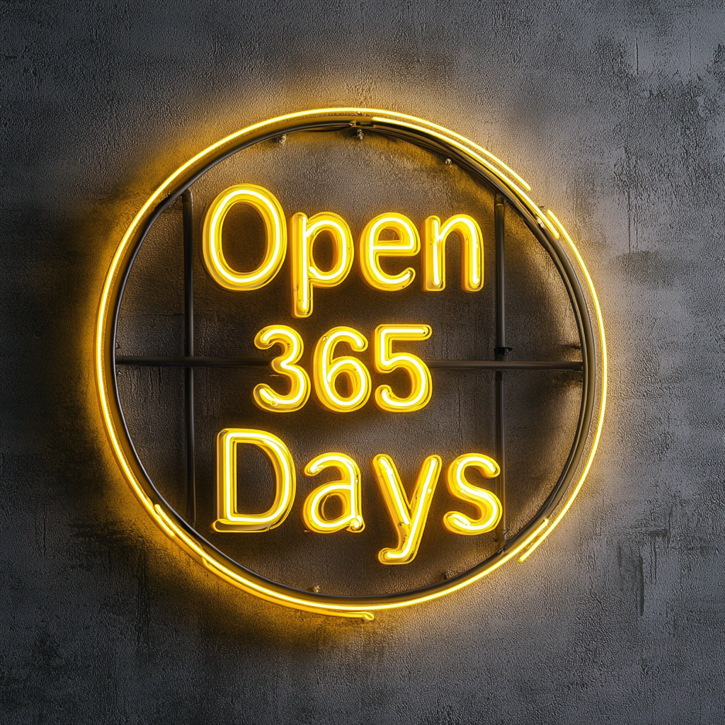Open 365 Days - Yellow Neon Sign, 18 Inches