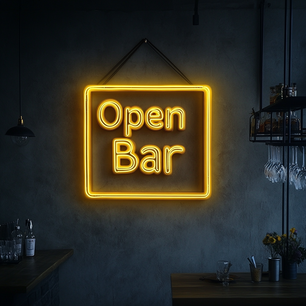 "Open Bar" - Yellow Neon Sign, 24 Inches