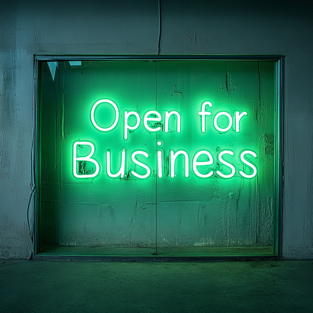 Open For Business - Green Neon Sign, 24 Inches