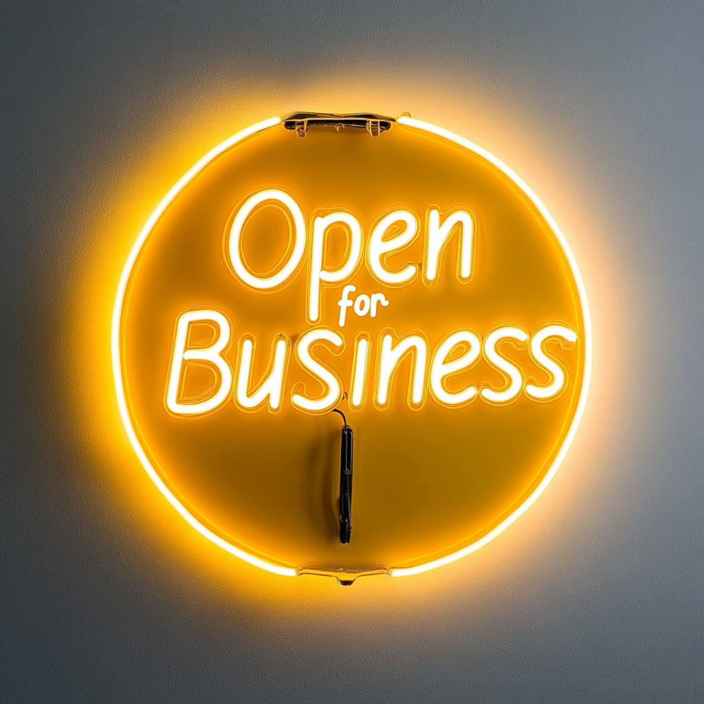 Open For Business - Yellow Neon Sign, 18 Inches