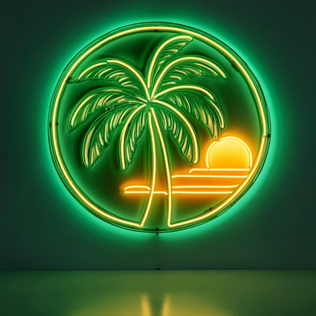 Palm Tree with Sunset - Green Neon Sign, 18 Inches