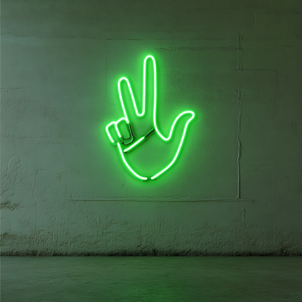Peace Hand Gesture - Green Neon Sign, 18 Inches