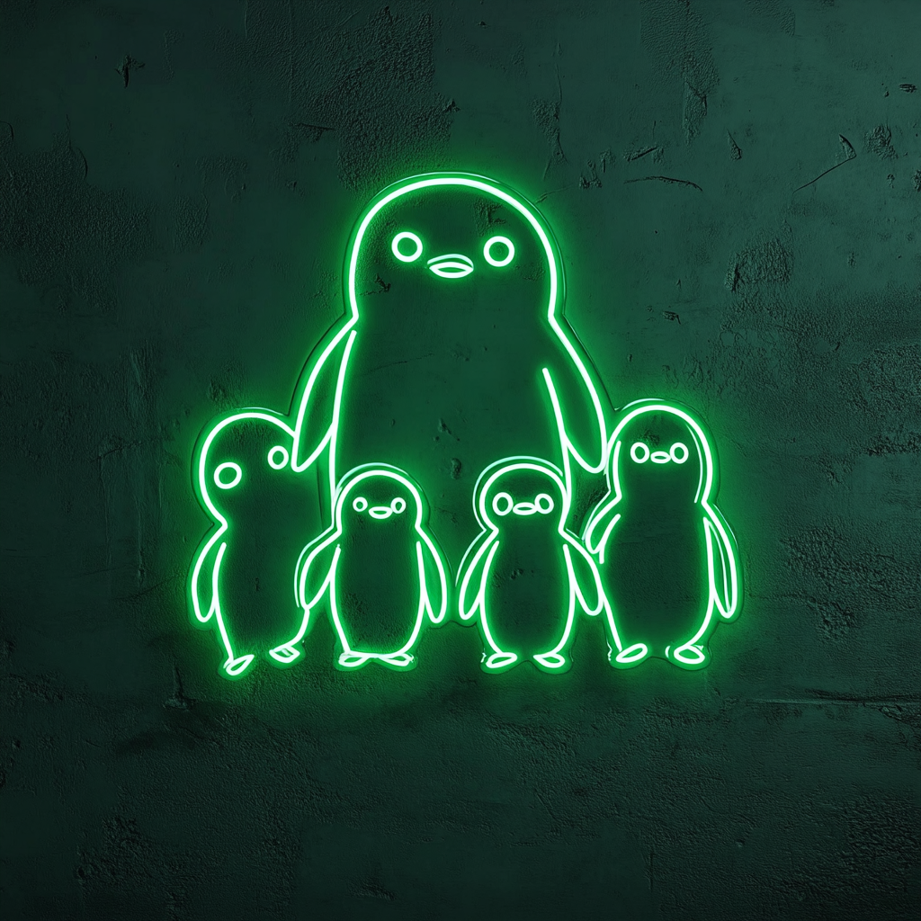 Penguin Family - Green Neon Sign, 18 Inches