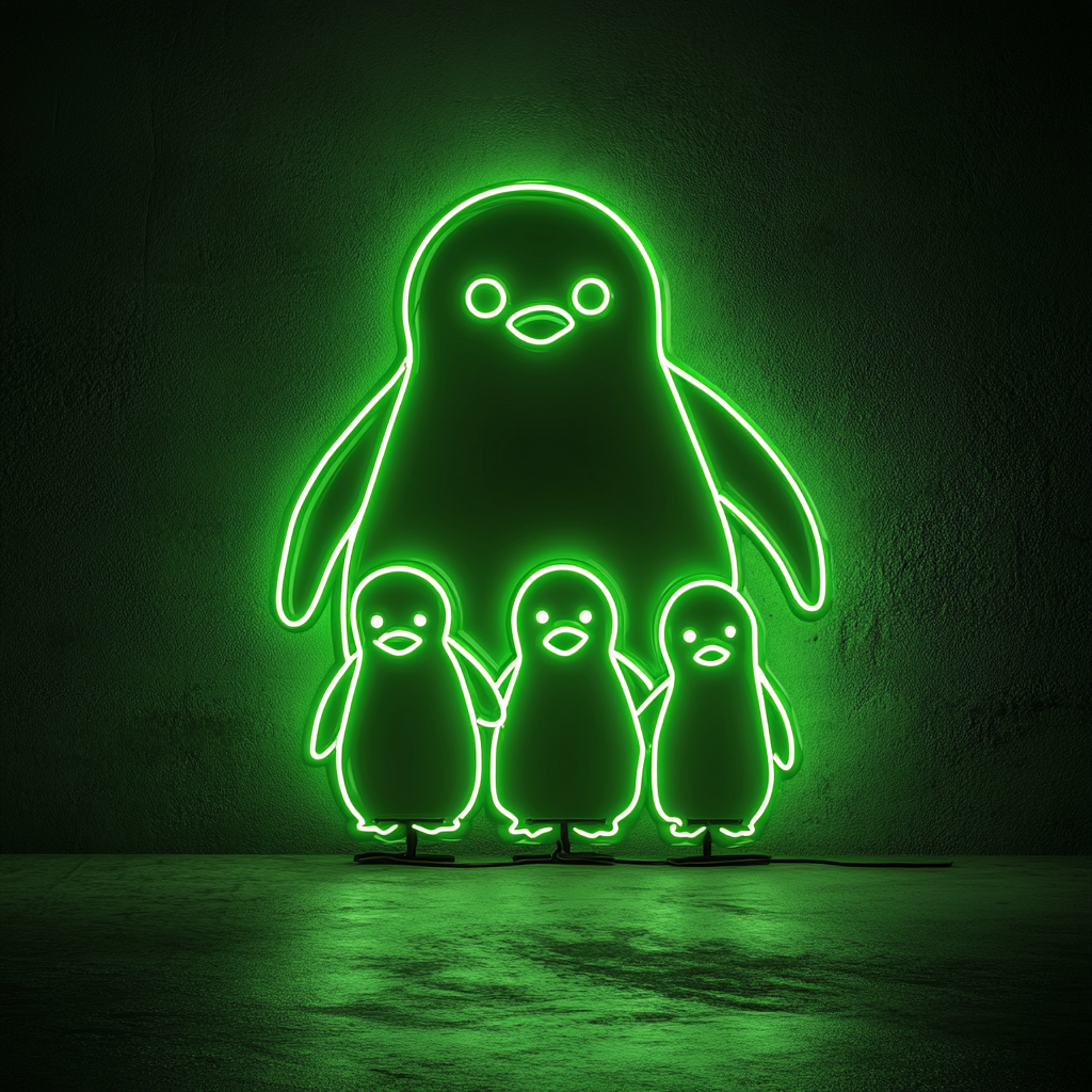 Penguin Family - Green Neon Sign, 24 Inches