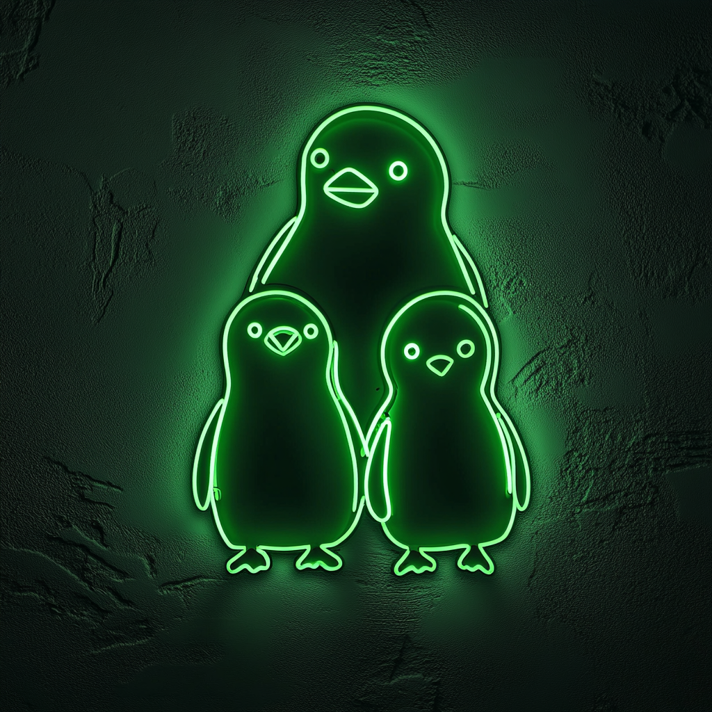 Penguin Family - Green Neon Sign, 18 Inches