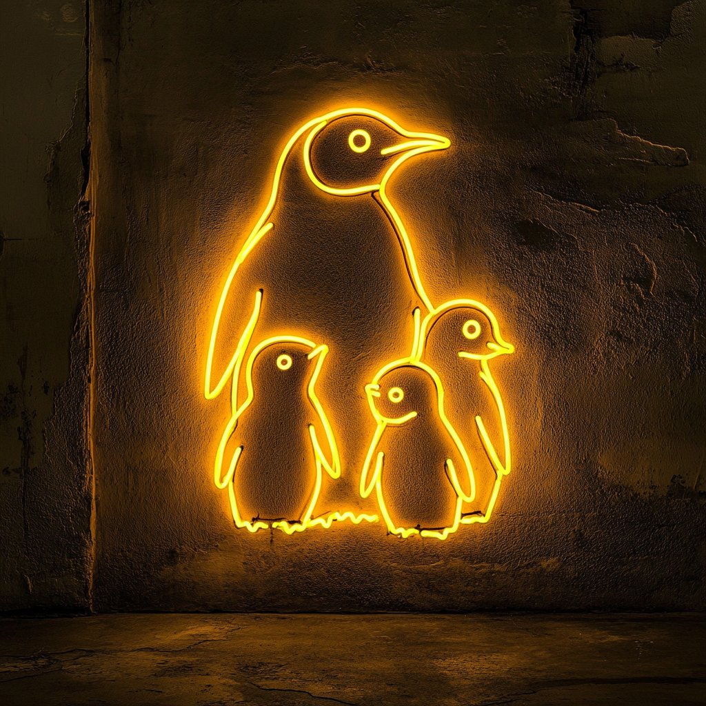 Penguin Family - Yellow Neon Sign, 24 Inches