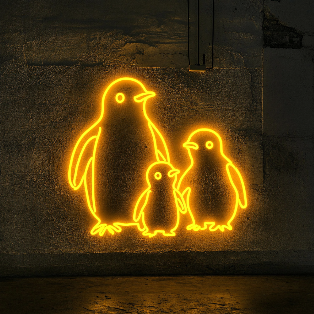 Penguin Family - Yellow Neon Sign, 24 Inches