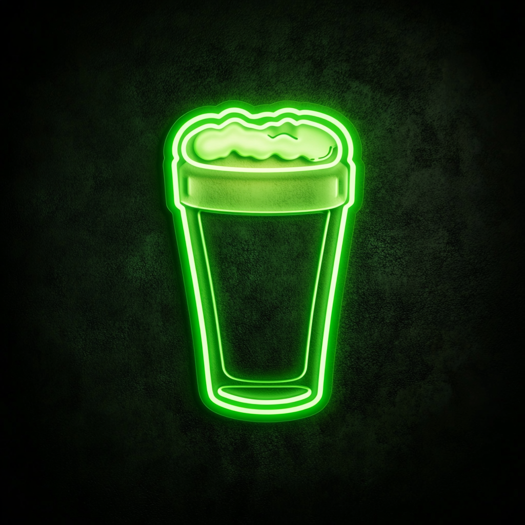 Pint Glass with Head of Foam - Green Neon Sign, 18 Inches