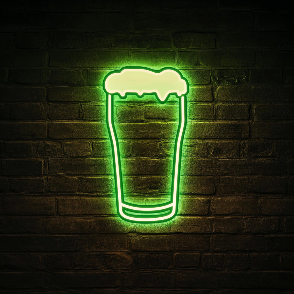 Pint Glass with Head of Foam - Green Neon Sign, 18 Inches