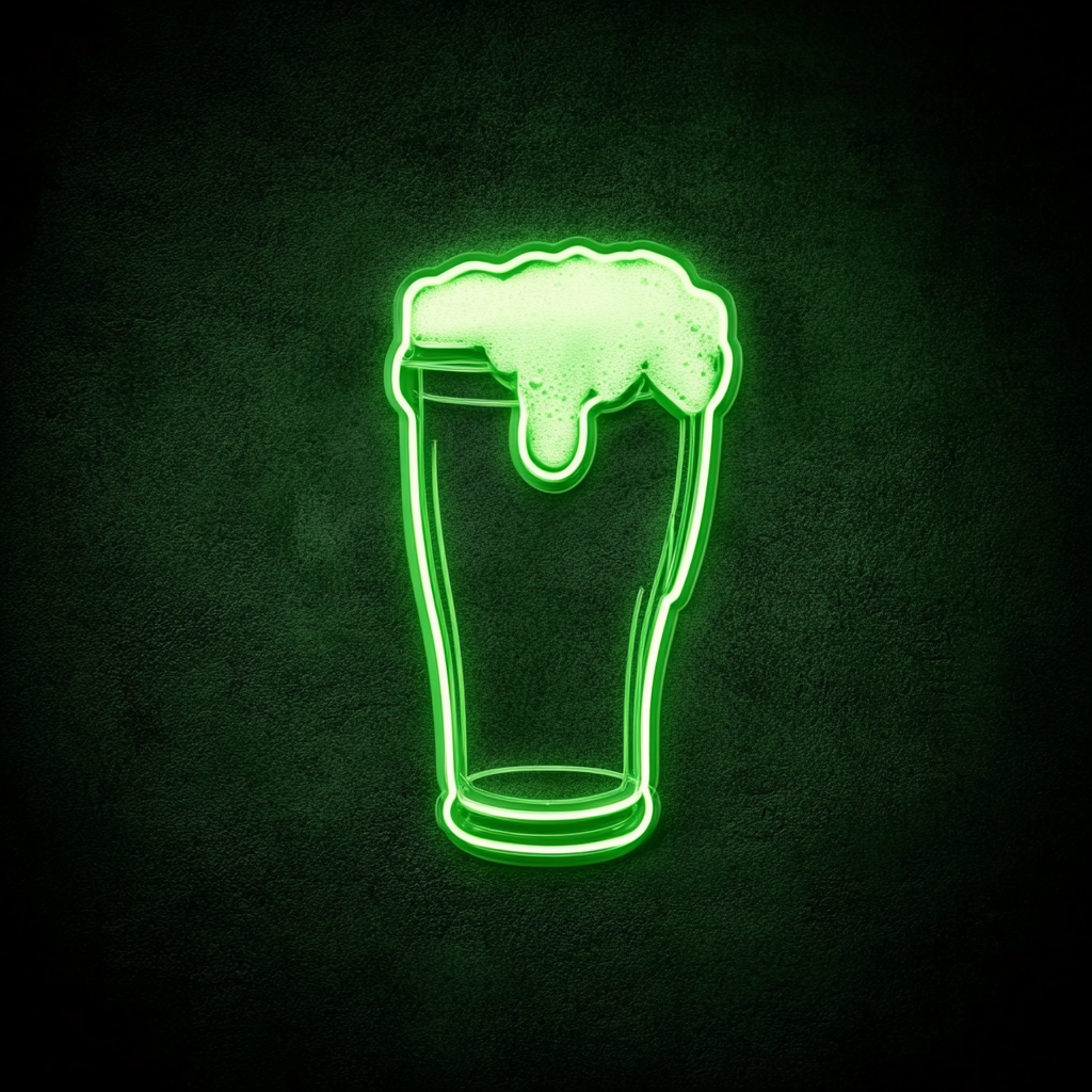Pint Glass with Head of Foam - Green Neon Sign, 24 Inches
