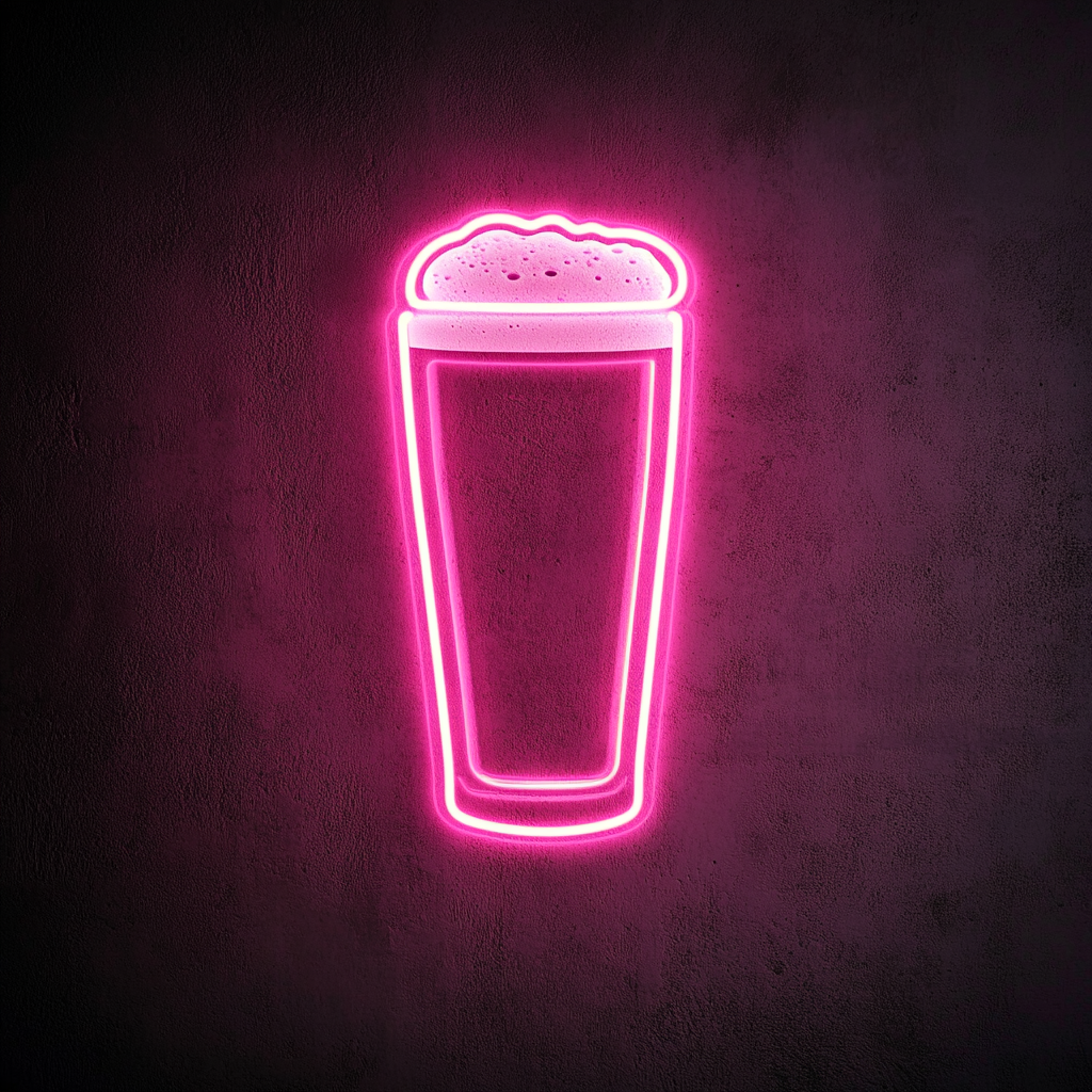 Pint Glass with Head of Foam - Pink Neon Sign, 18 Inches