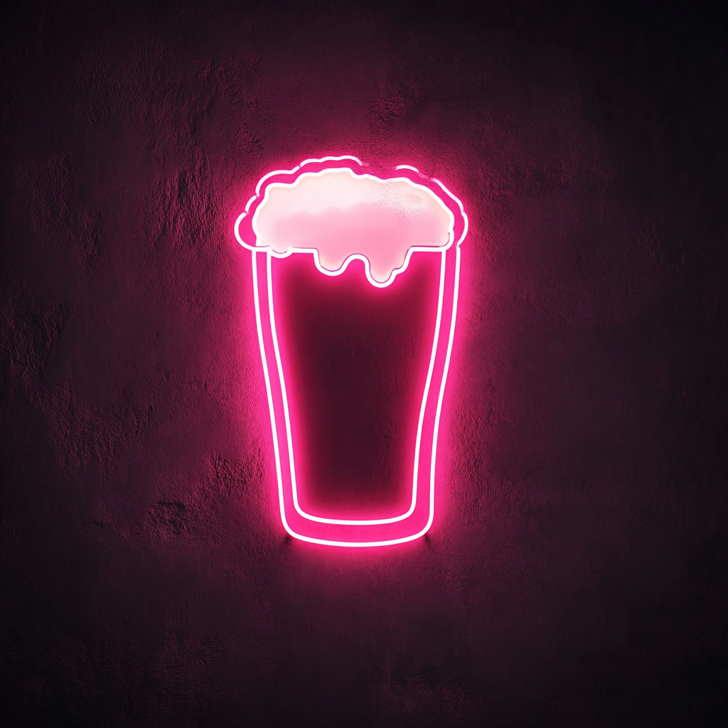 Pint Glass with Head of Foam - Pink Neon Sign, 18 Inches