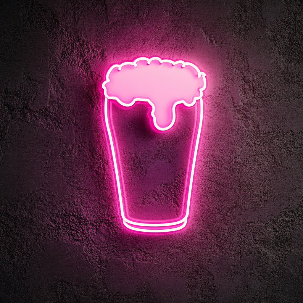 Pint Glass with Head of Foam - Pink Neon Sign, 24 Inches