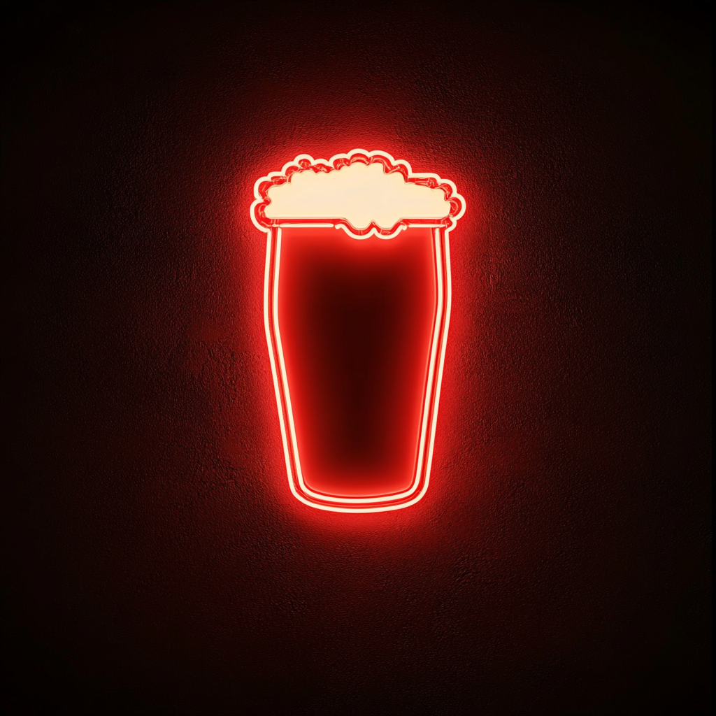 Pint Glass with Head of Foam - Red Neon Sign, 24 Inches