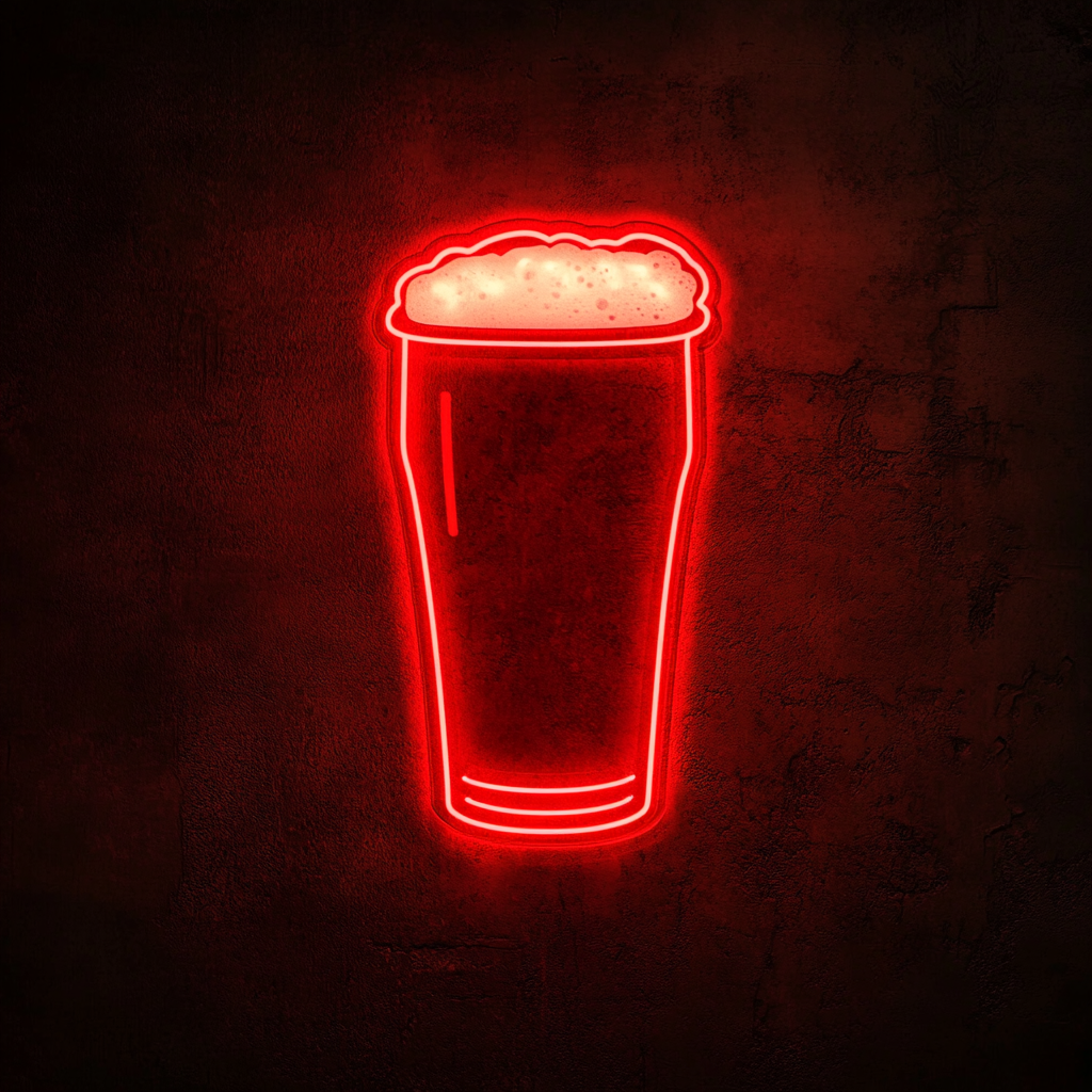 Pint Glass with Head of Foam - Red Neon Sign, 24 Inches