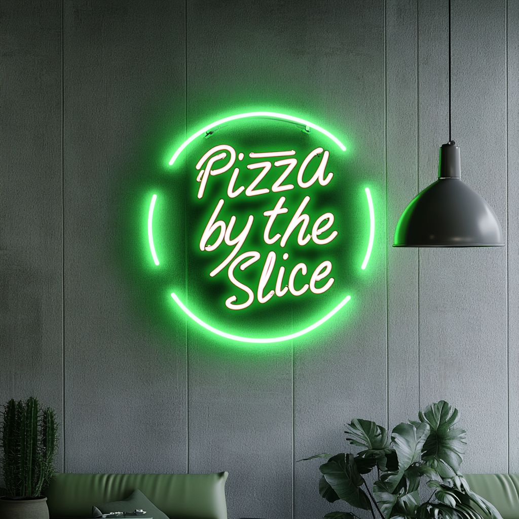 "Pizza by the Slice" - Green Neon Sign, 24 Inches