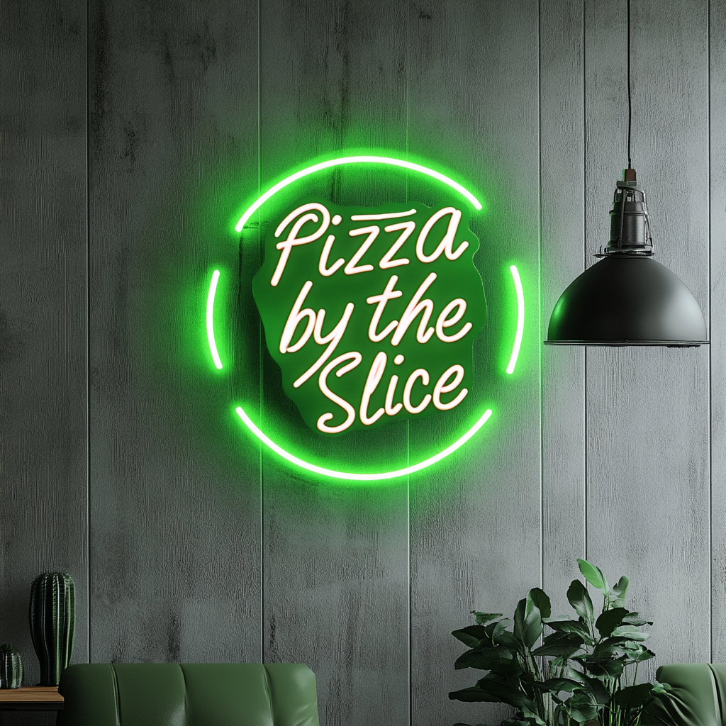 "Pizza by the Slice" - Green Neon Sign, 24 Inches