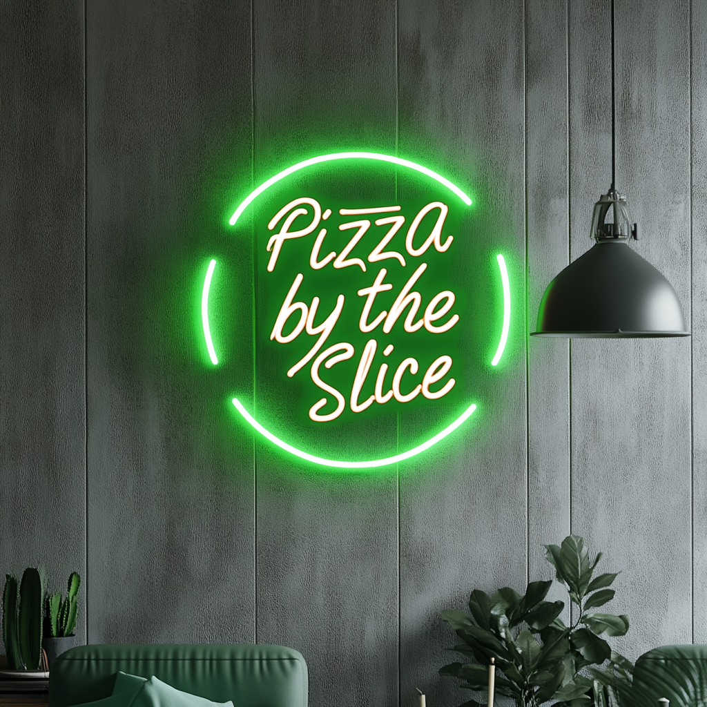 "Pizza by the Slice" - Green Neon Sign, 24 Inches