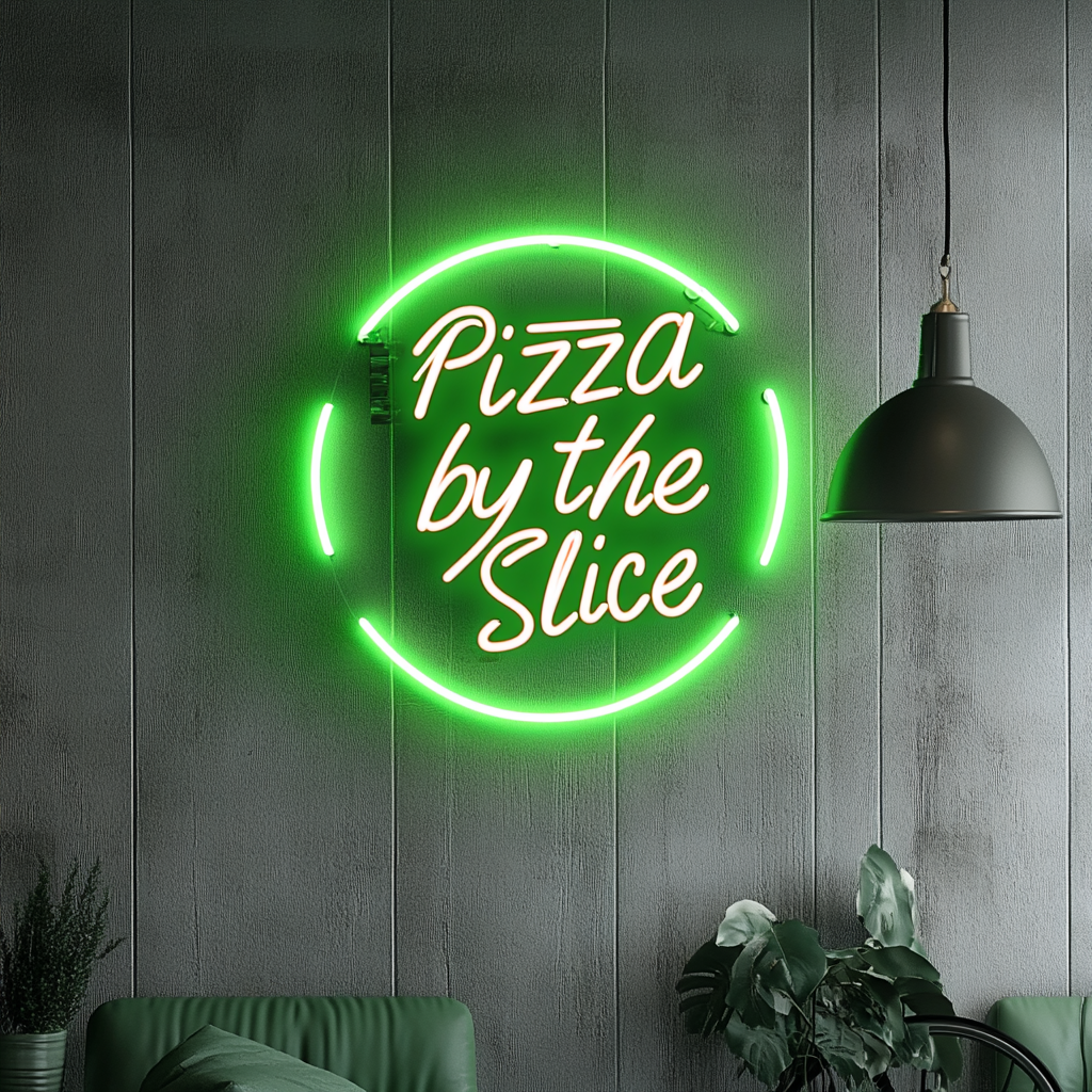 "Pizza by the Slice" - Green Neon Sign, 24 Inches