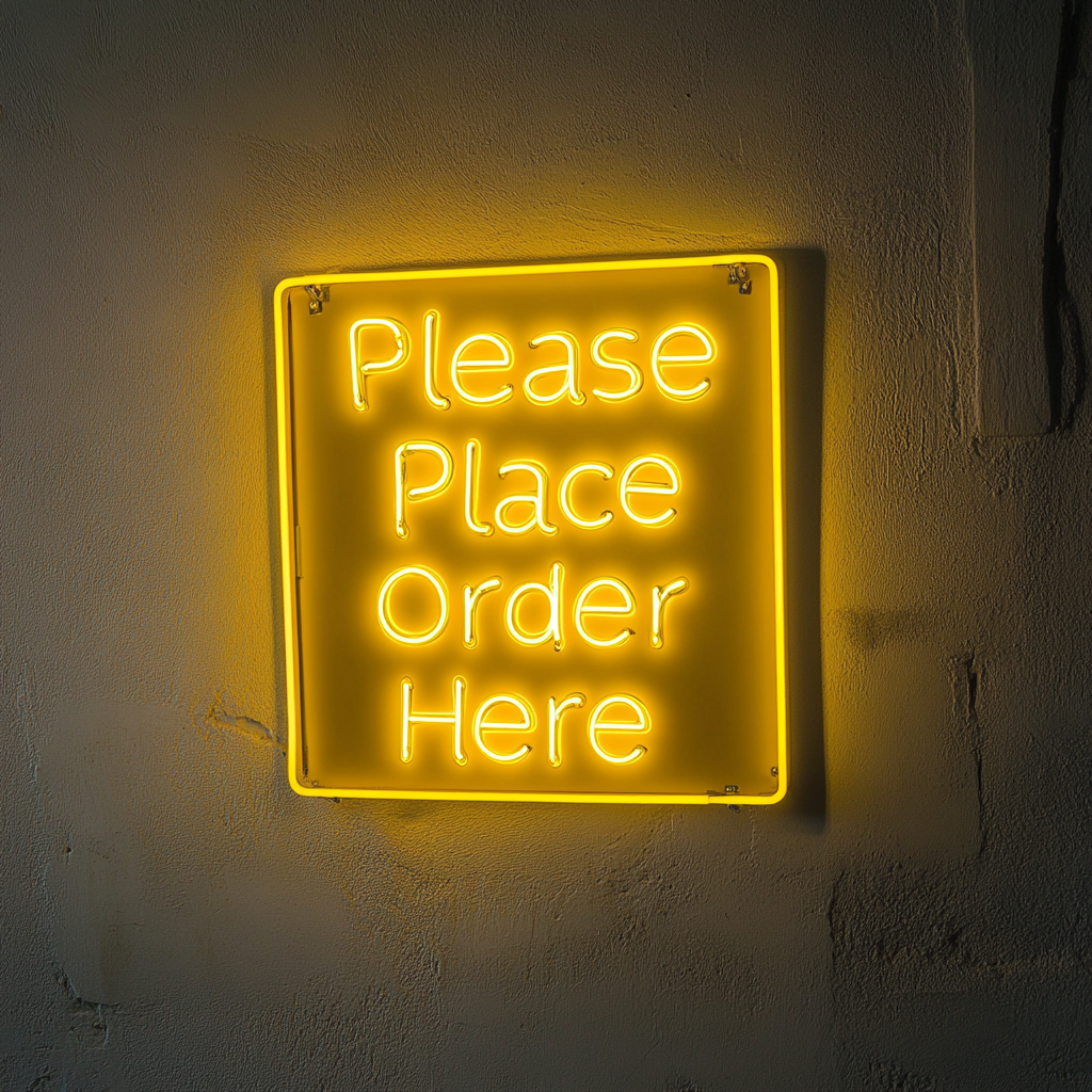 "Please Place Order Here" - Yellow Neon Sign, 24 Inches