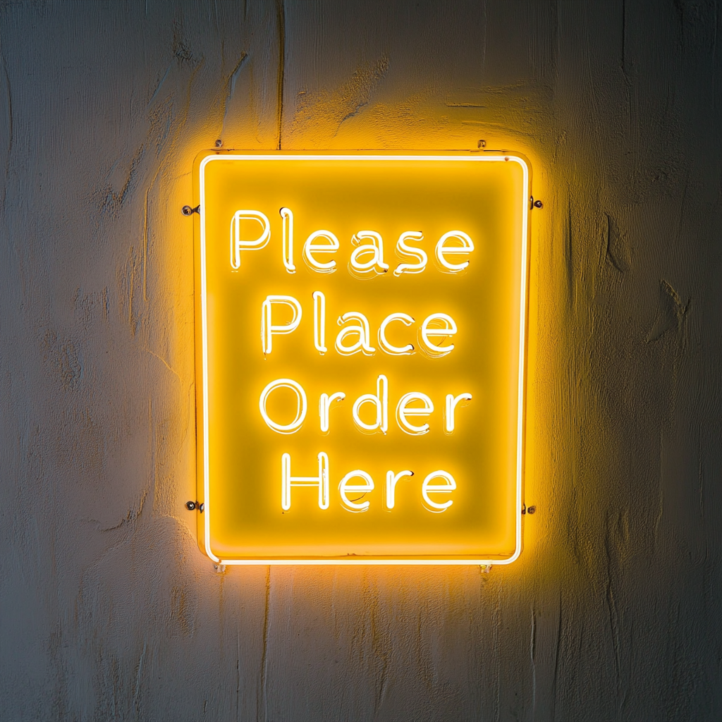 "Please Place Order Here" - Yellow Neon Sign, 24 Inches