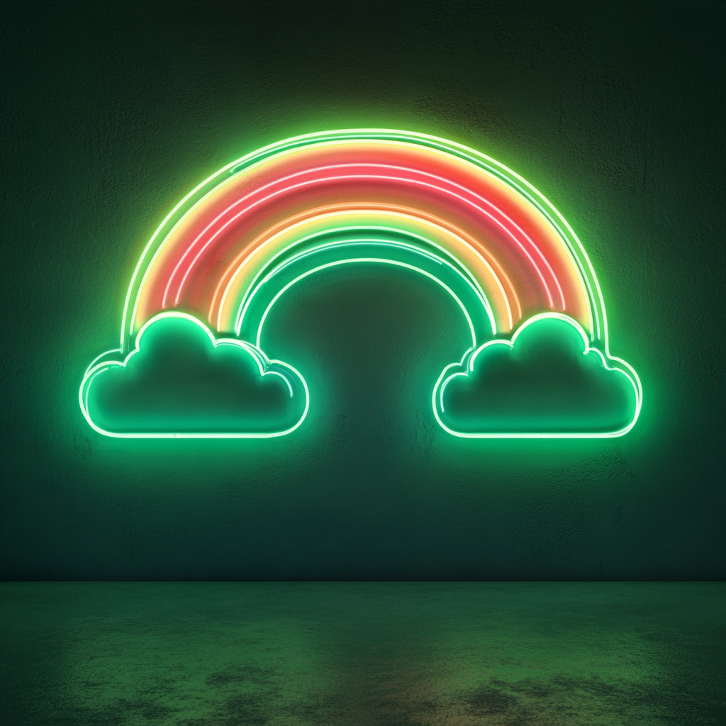 Rainbow with Clouds - Green Neon Sign, 18 Inches