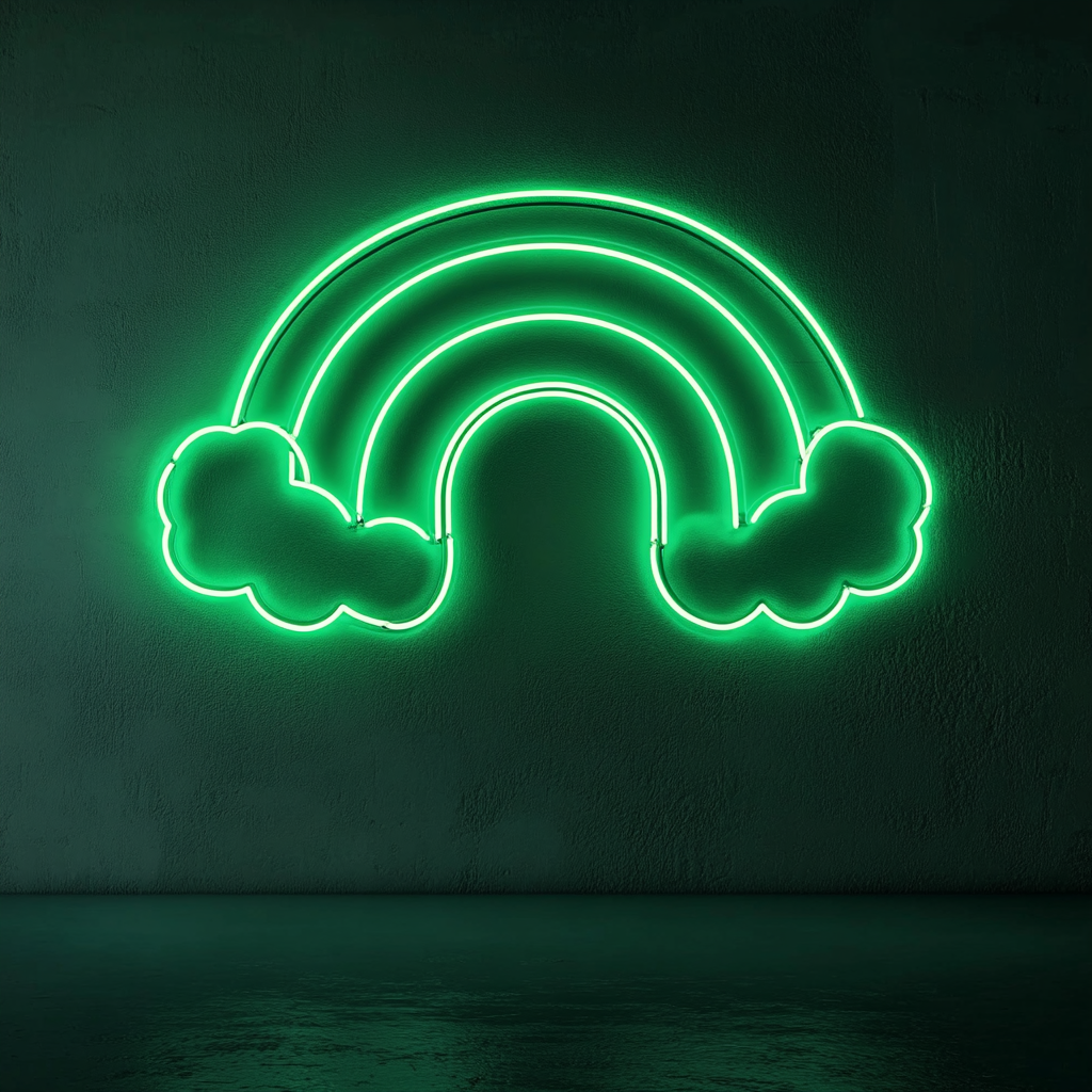 Rainbow with Clouds - Green Neon Sign, 18 Inches