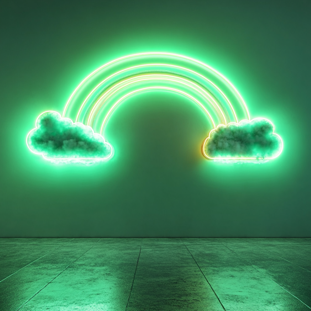 Rainbow with Clouds - Green Neon Sign, 18 Inches