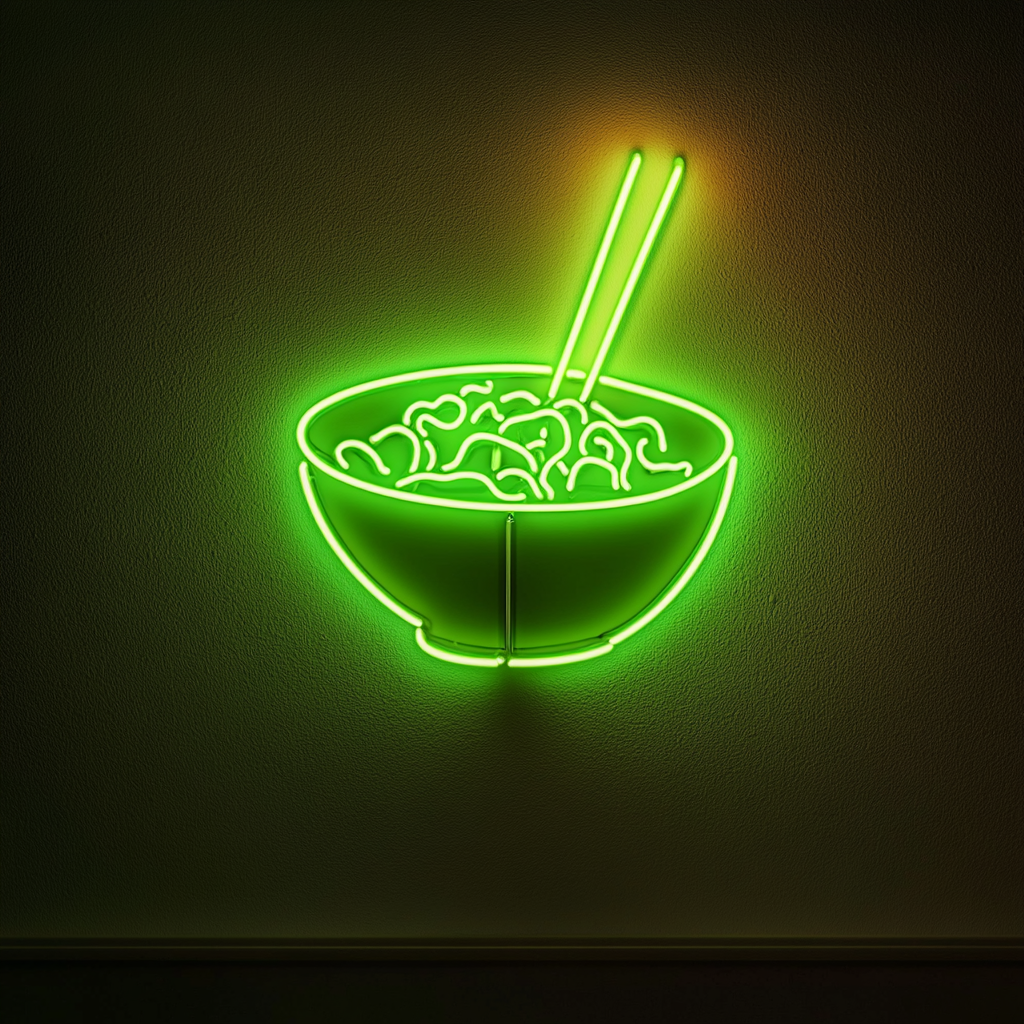 Ramen Bowl with Chopsticks - Green Neon Sign, 18 Inches