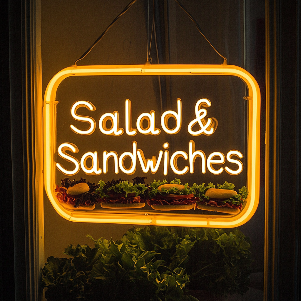 "Salads & Sandwiches" - Yellow Neon Sign, 24 Inches
