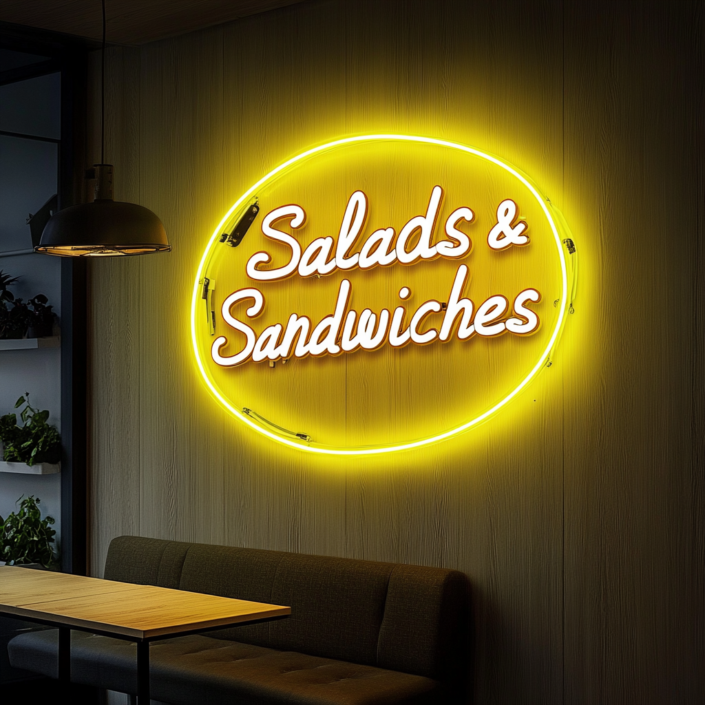 "Salads & Sandwiches" - Yellow Neon Sign, 24 Inches