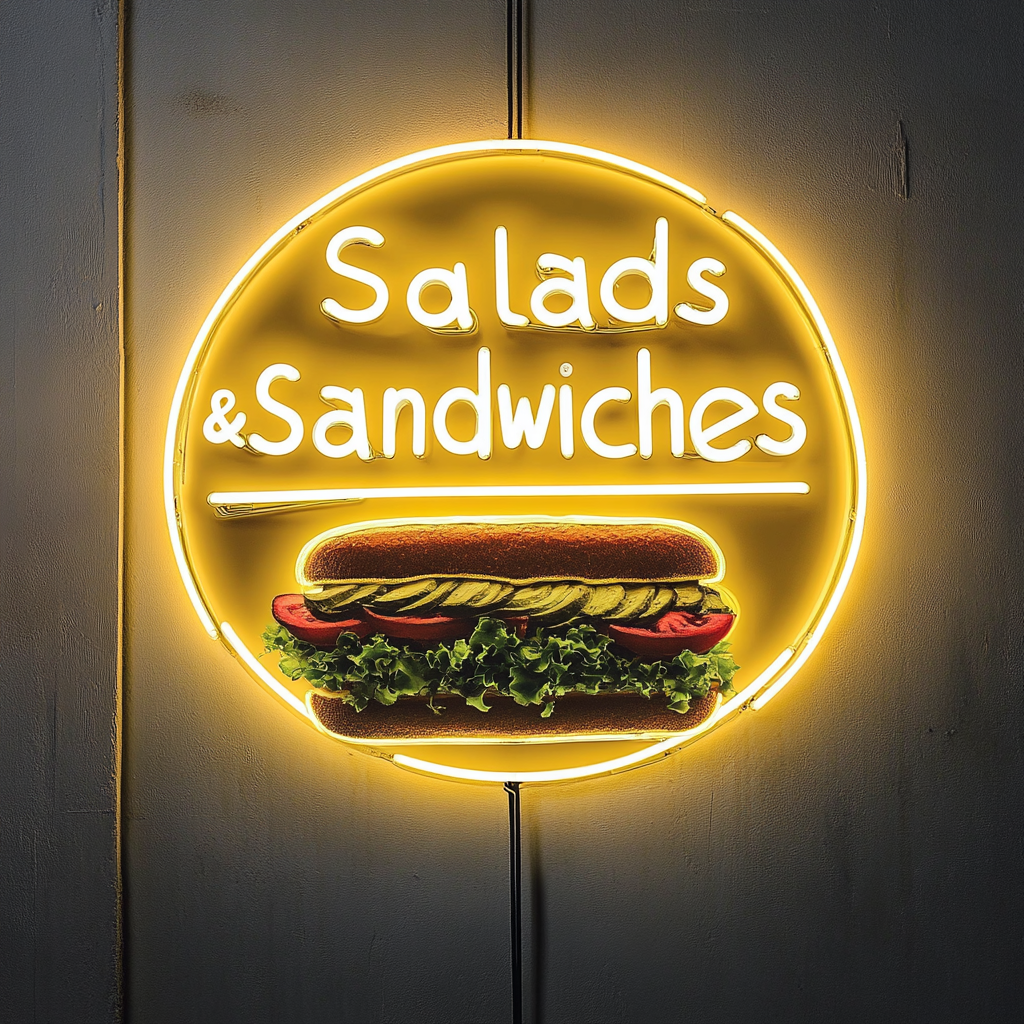 "Salads & Sandwiches" - Yellow Neon Sign, 24 Inches